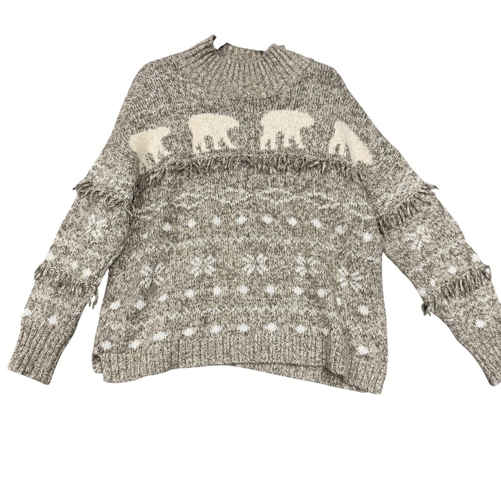 LOFT Sweater Womens XL Gray Fair Isle Polar Bear Fringe Mock Neck Pullover